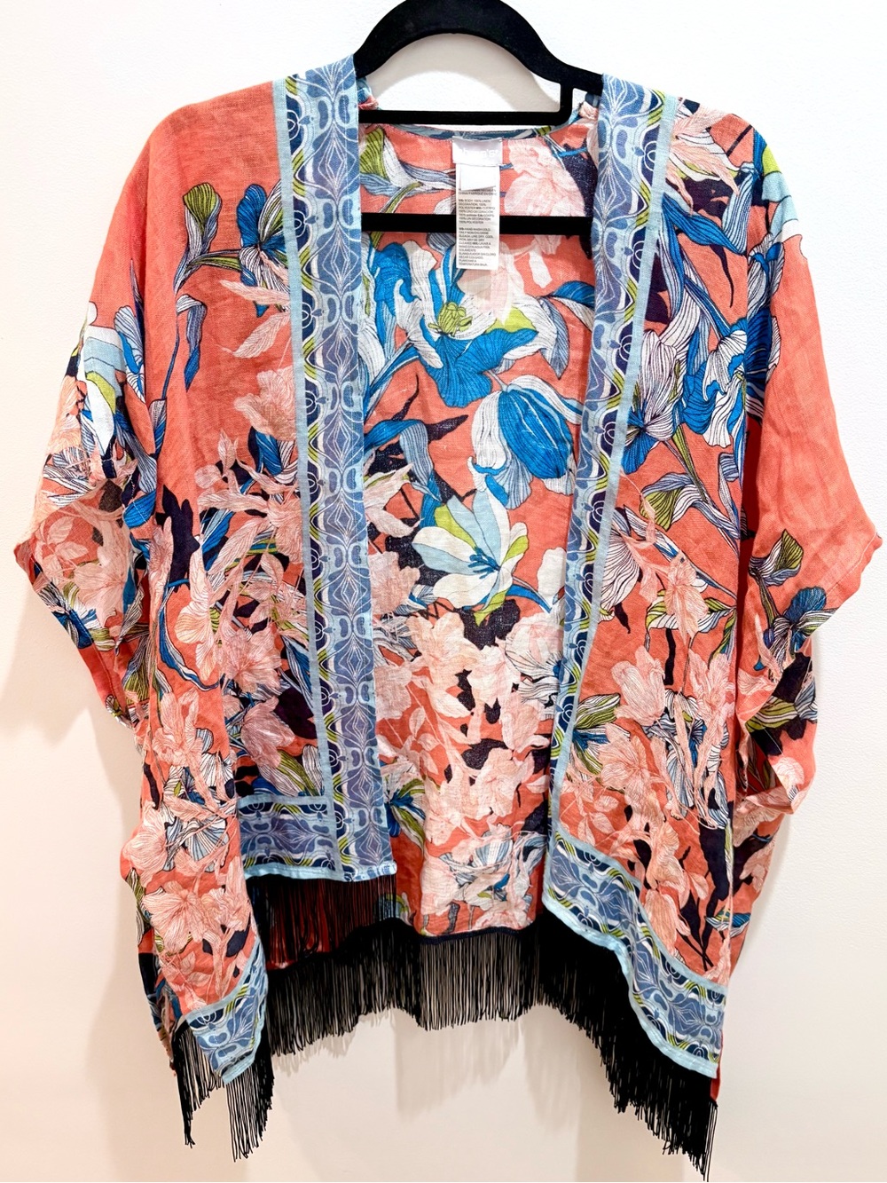 Chicos 100% Linen Women’s Floral Kimono Duster w/ Fringe S/M Beach Resort Boho